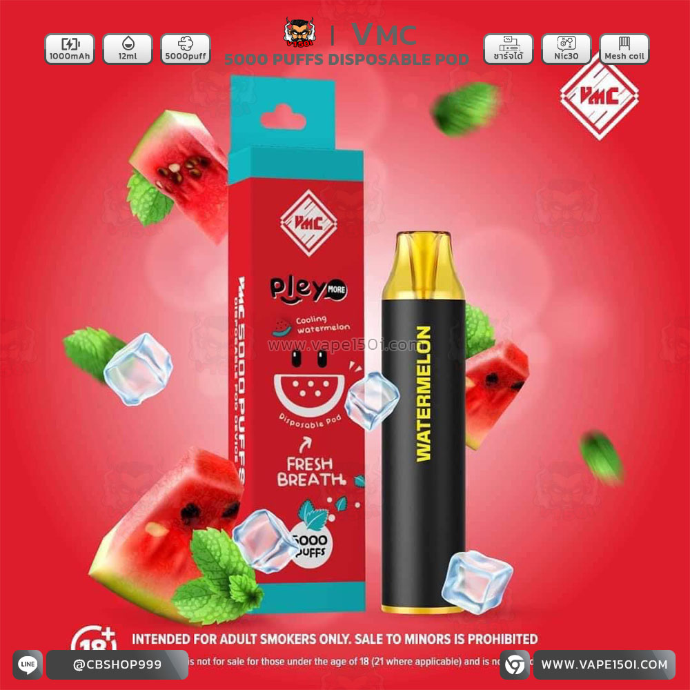 Play Watermelon พอตใช้แล้วทิ้ง VMC 5000 Puffs 1000mAh Disposable Pod
