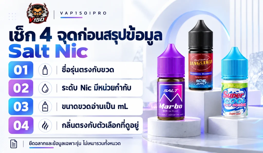 ภาพปกบทความน้ำยา Salt Nic คืออะไร พร้อมขวดตัวอย่างและหัวข้อการอ่านข้อมูลบนฉลาก