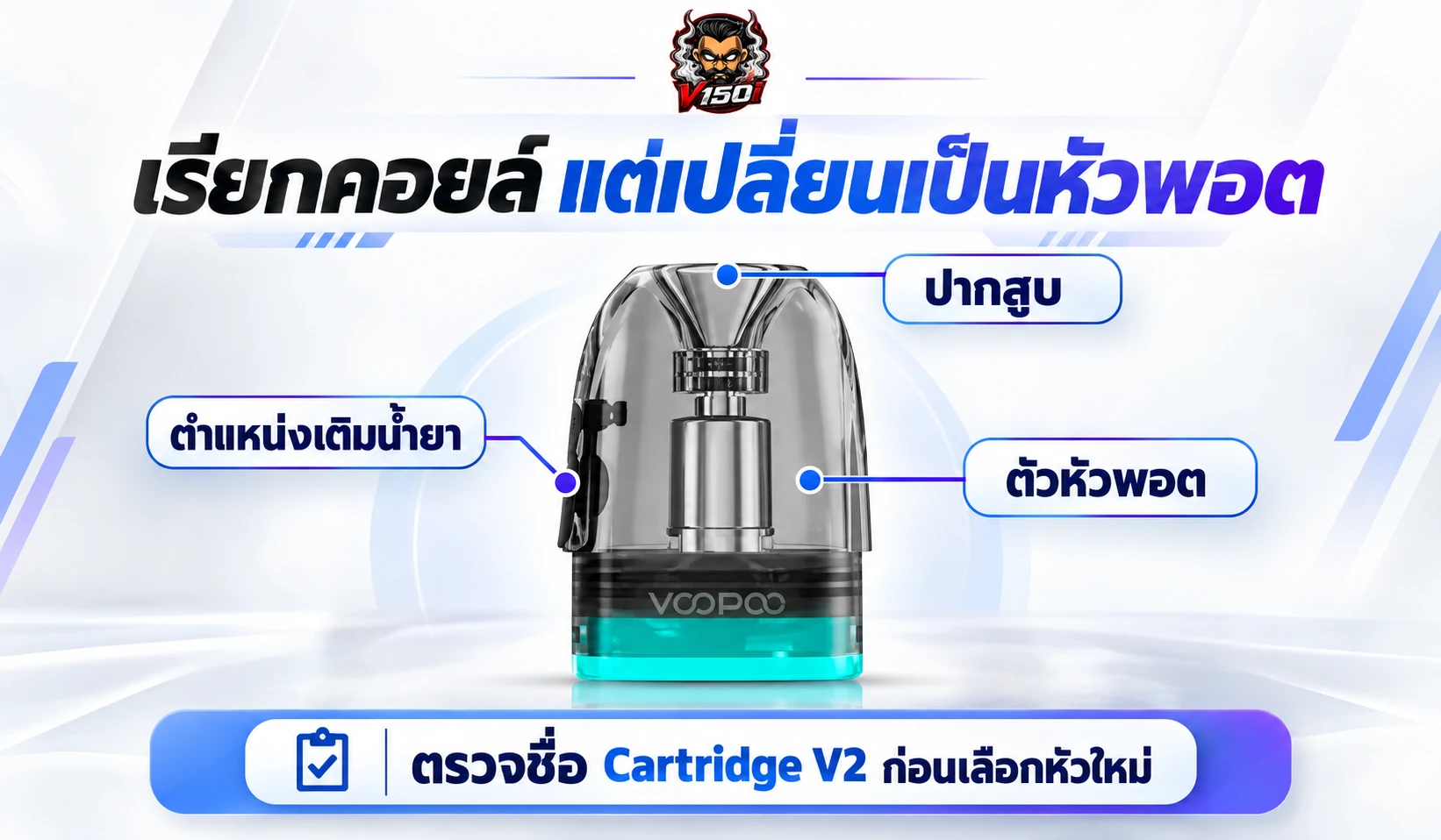 ภาพอธิบายหัวพอต VOOPOO ARGUS Cartridge V2 ที่มีคอยล์อยู่ภายใน