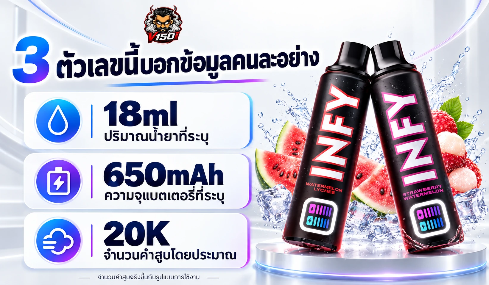 อินโฟกราฟิก INFY 20000 Puffs แยกน้ำยา 18ml แบตเตอรี่ 650mAh และตัวเลข 20K
