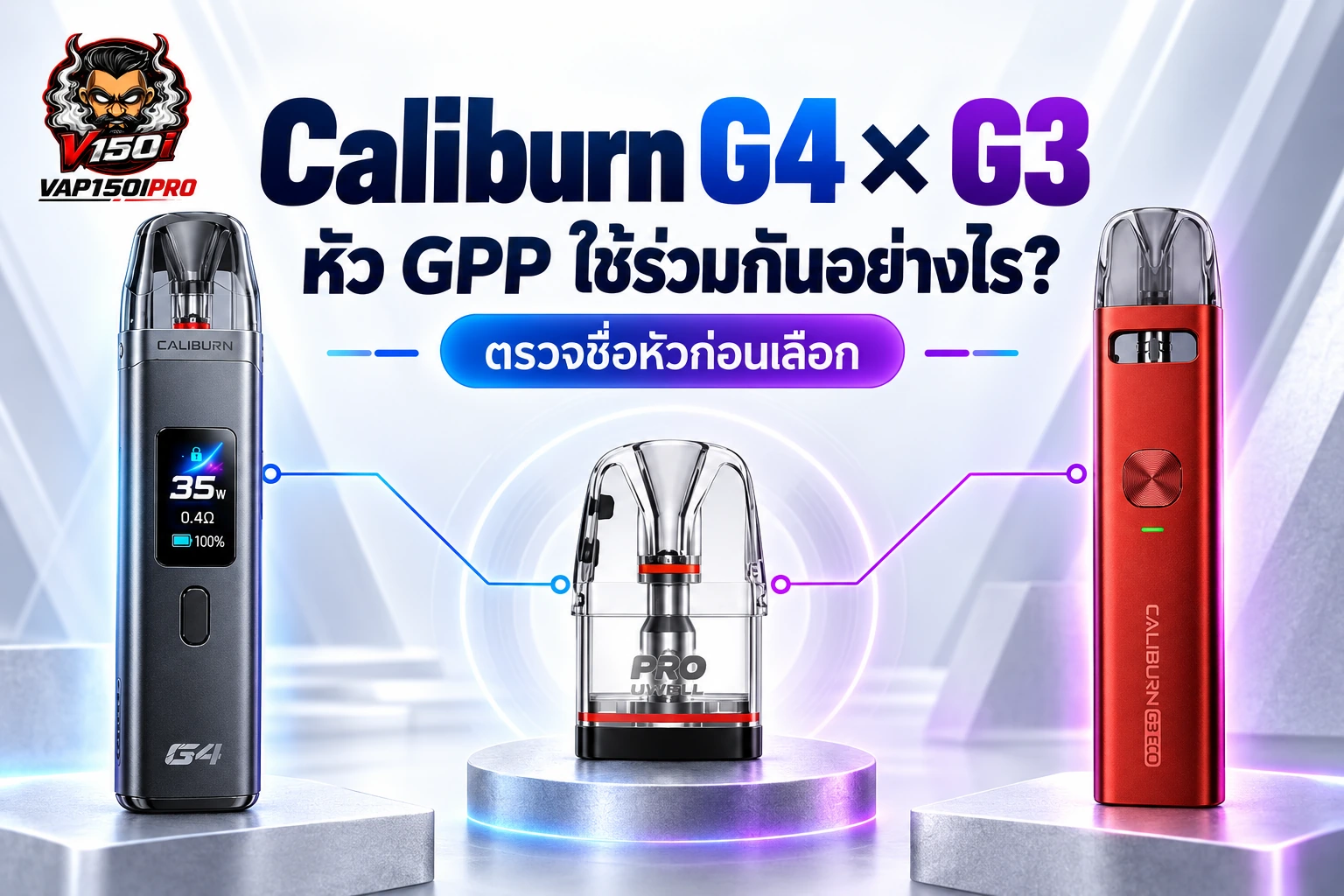 ตำแหน่งอ่านชื่อ GPP และรายละเอียดบนหัวพอต Caliburn G4 G3 กับบรรจุภัณฑ์