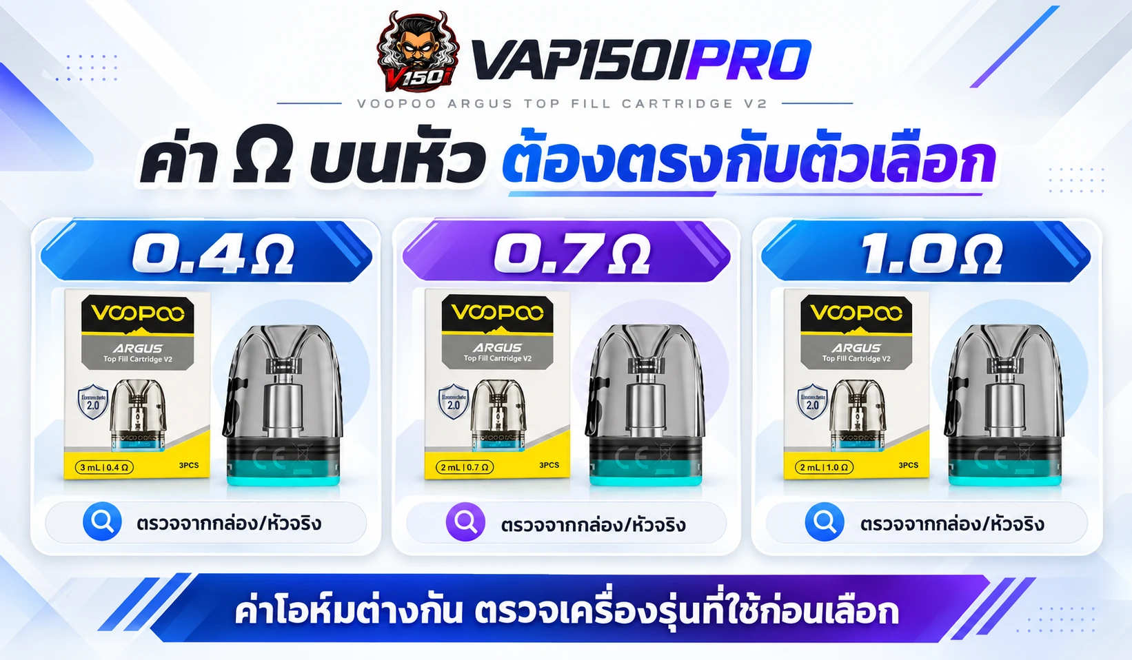 ค่าโอห์ม 0.4Ω 0.7Ω และ 1.0Ω ของ ARGUS Top Fill V2 สำหรับเทียบตัวเลือกหัวพอต