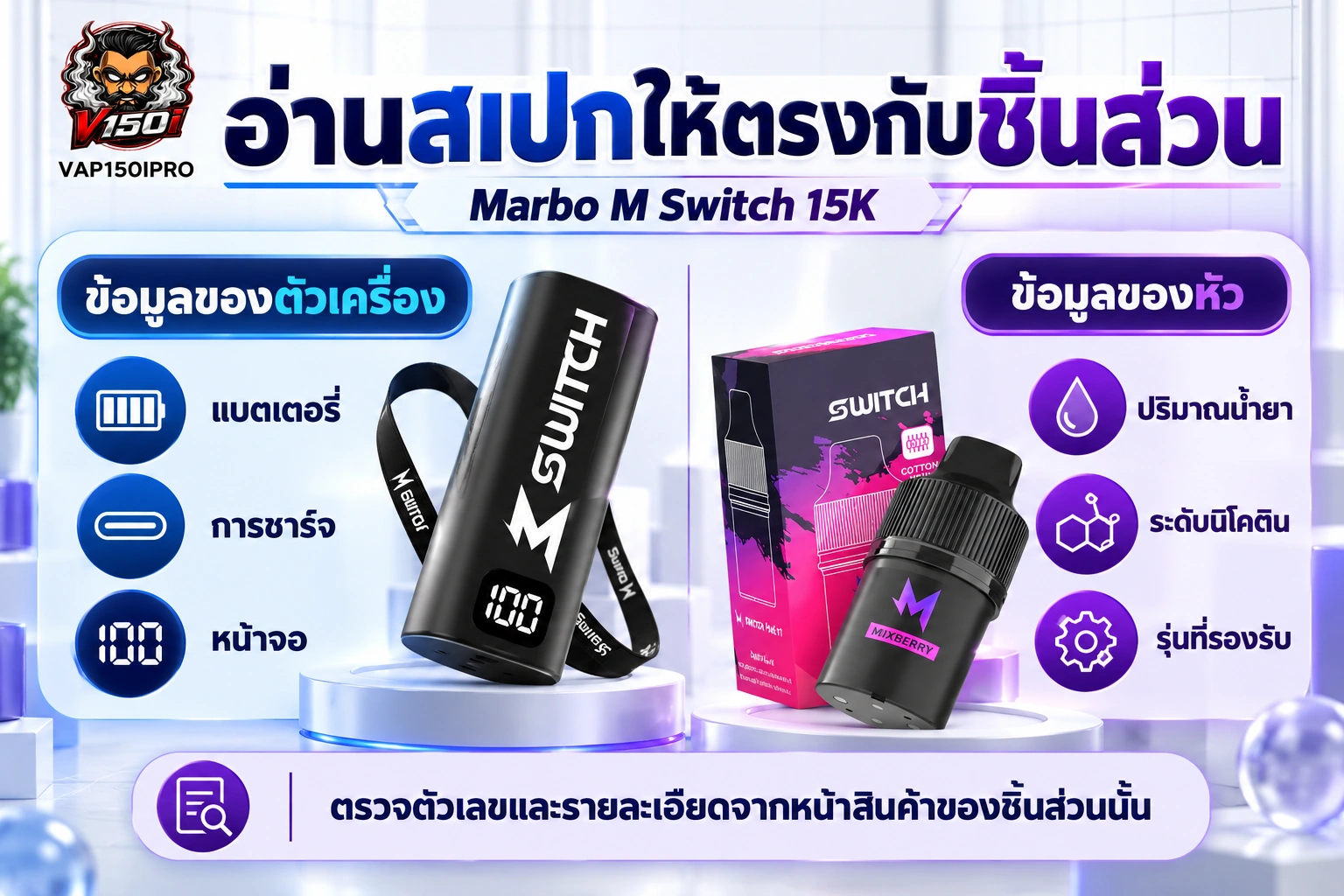 เช็กลิสต์ตรวจชื่อสินค้า รายการภายในชุด และรุ่นที่รองรับของ Marbo M Switch