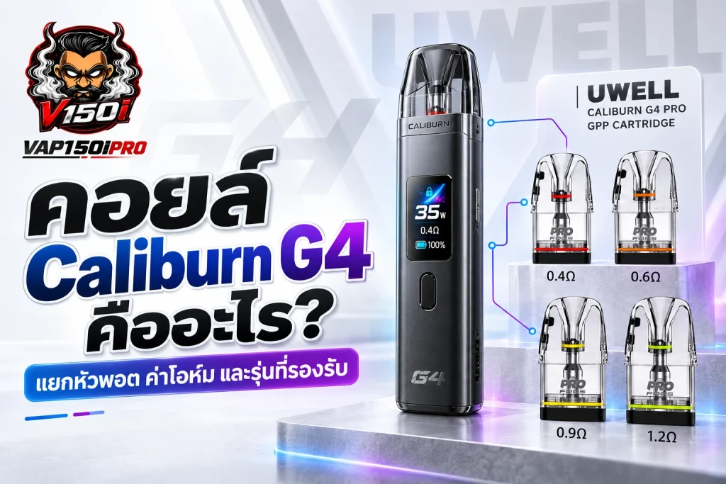ภาพปกบทความคอยล์ Caliburn G4 พร้อมภาพตัวเครื่องและหัวพอต
