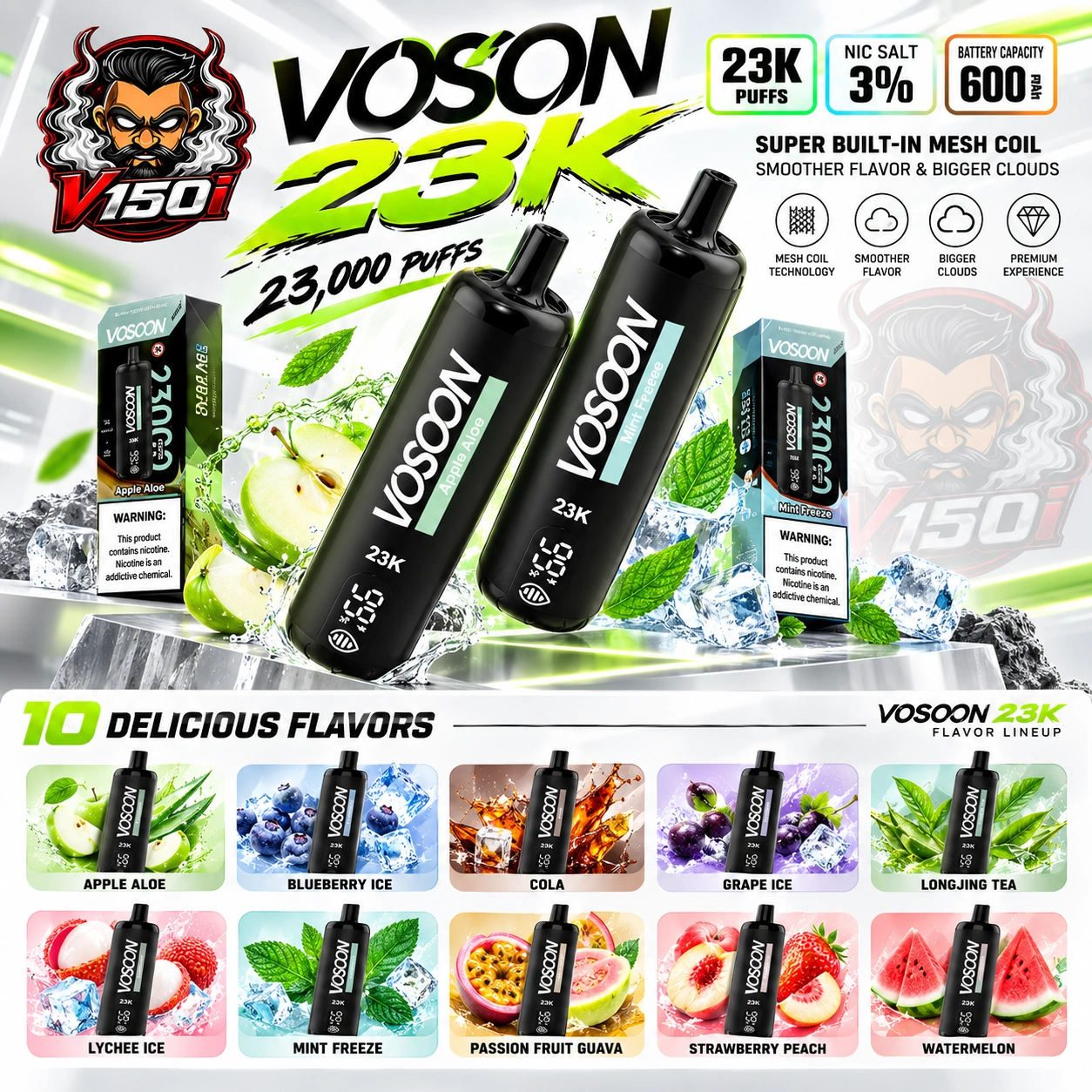 VOSOON 23000 Puffs VOSOON 23K พอตใช้แล้วทิ้ง พร้อม 10 กลิ่น
