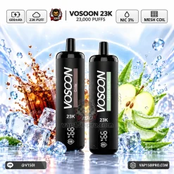 พอตใช้แล้วทิ้ง VOSOON 23000 Puffs แสดงตัวเครื่องสีดำสองเครื่อง