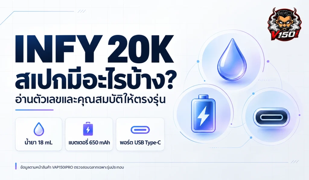 INFY 20K สเปกมีอะไรบ้าง พร้อมข้อมูลน้ำยา 18 mL แบตเตอรี่ 650 mAh และพอร์ต USB Type-C