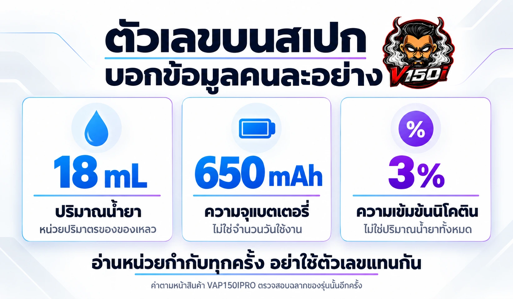 อธิบายความหมายของน้ำยา 18 mL แบตเตอรี่ 650 mAh และความเข้มข้นนิโคติน 3%