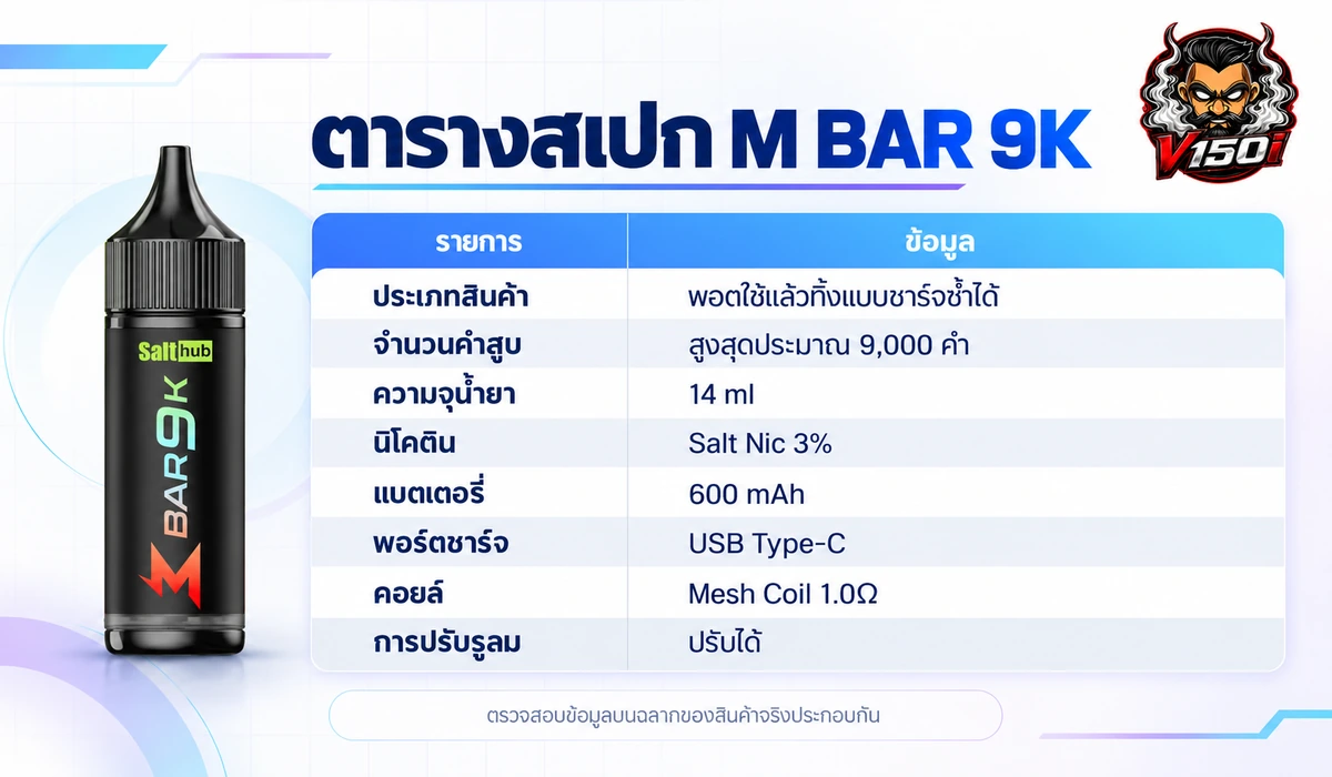 ตารางสเปก M BAR 9K พร้อมข้อมูลน้ำยา แบตเตอรี่ USB Type-C และ Mesh Coil