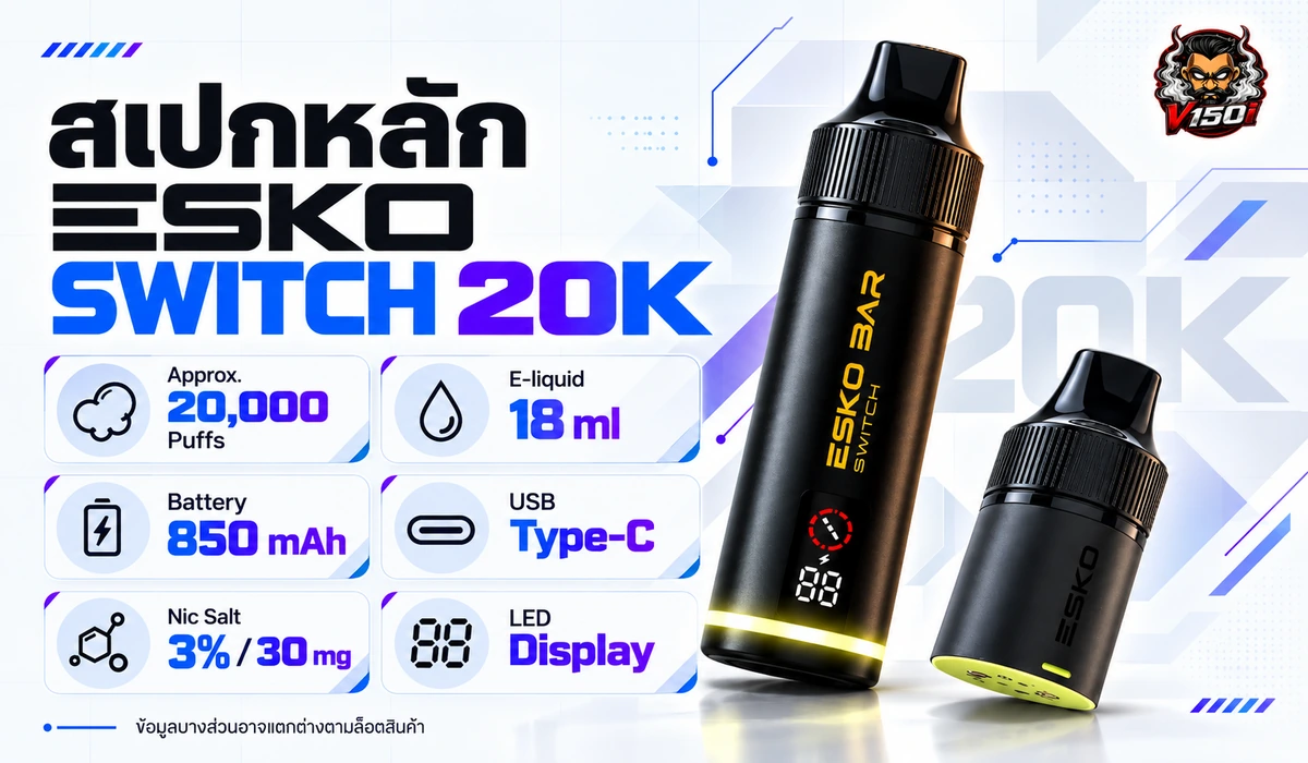 สเปกหลัก ESKO Switch 20K น้ำยา 18ml แบตเตอรี่ 850mAh และ Nic Salt 3%