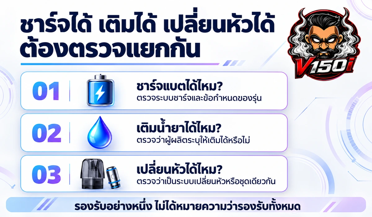 ตรวจแยกกันว่าอุปกรณ์รุ่นนั้นชาร์จแบต เติมน้ำยา และเปลี่ยนหัวพอตได้หรือไม่
