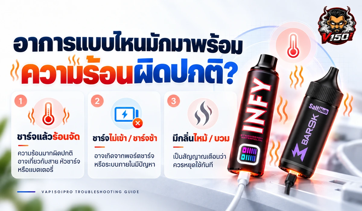 อาการพอตชาร์จแล้วร้อนร่วมกับชาร์จไม่เข้า ร้อนจัด มีกลิ่นไหม้ หรือบวม