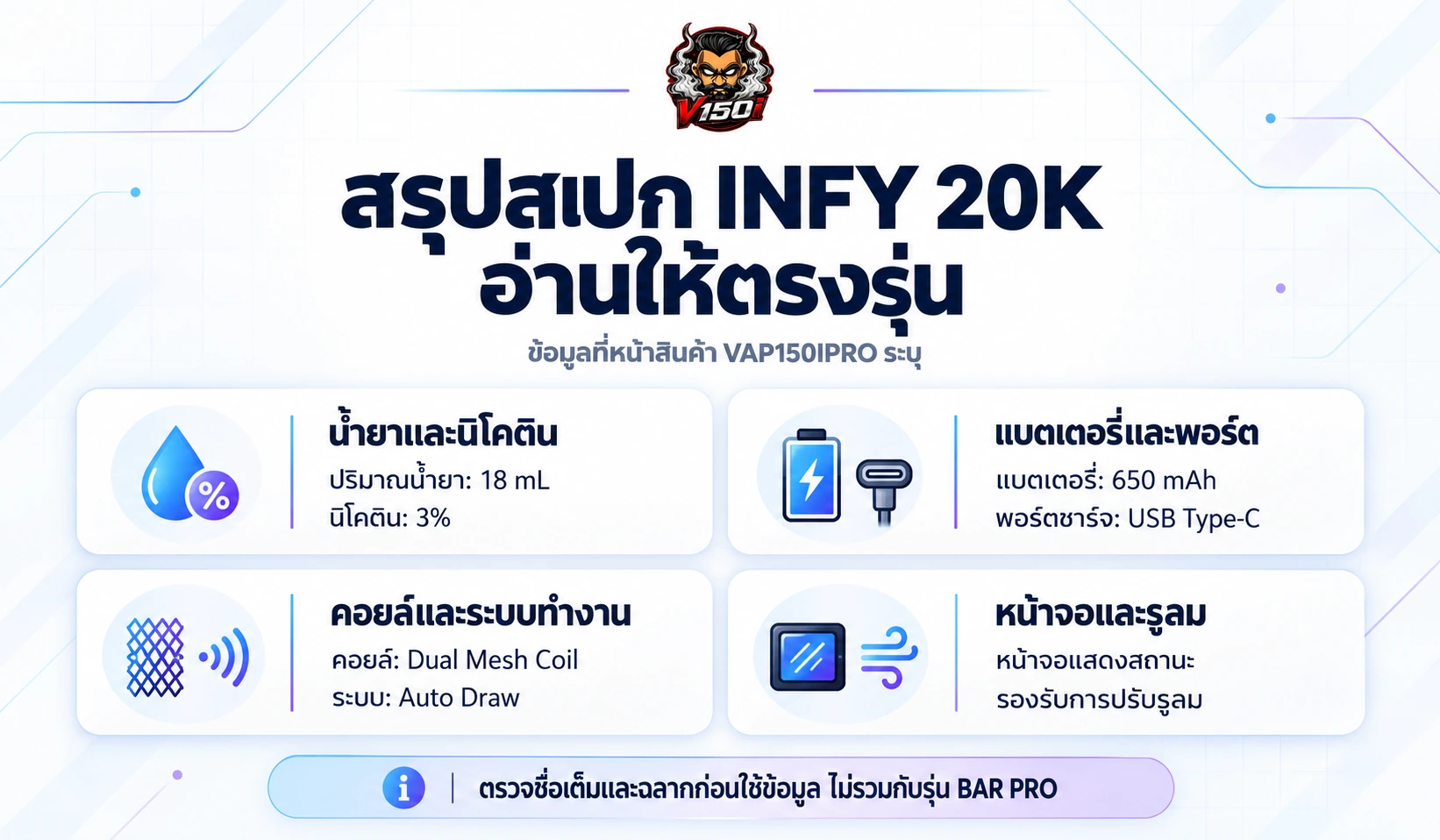 สรุปสเปก INFY 20K ด้านน้ำยา นิโคติน แบตเตอรี่ พอร์ตชาร์จ คอยล์ หน้าจอ และระบบรูลม