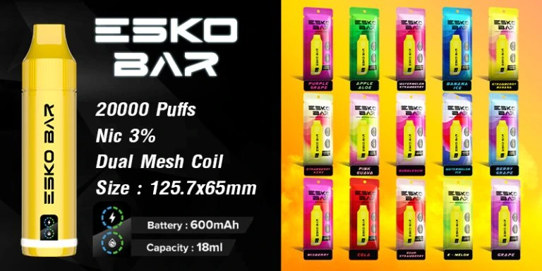 สเปก ESKO 20000 Puffs แบตเตอรี่ 600mAh น้ำยา 18ml และ Dual Mesh Coil