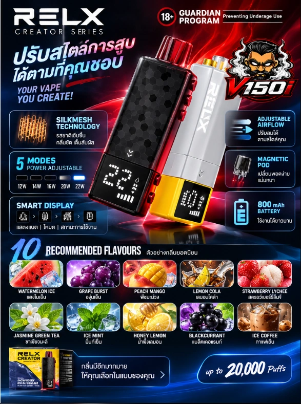 รายละเอียดคุณสมบัติ RELX Creator 20K Puffs หน้าจอและหัวพอต