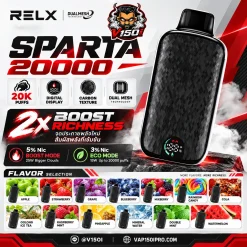 RELX SPARTA 20000 ภาพตัวเครื่องพร้อมข้อมูลโหมด 2X Boost